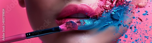 Close-up of a woman's lips with bright pink lipstick and blue eyeshadow.