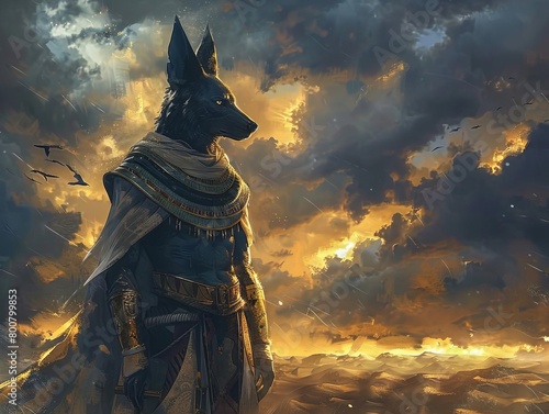 Anubis, the Egyptian god of the dead, stands solemnly before a stormy sky, his jackal head turned towards the horizon