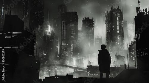 silhouette of a person in a dystopic city