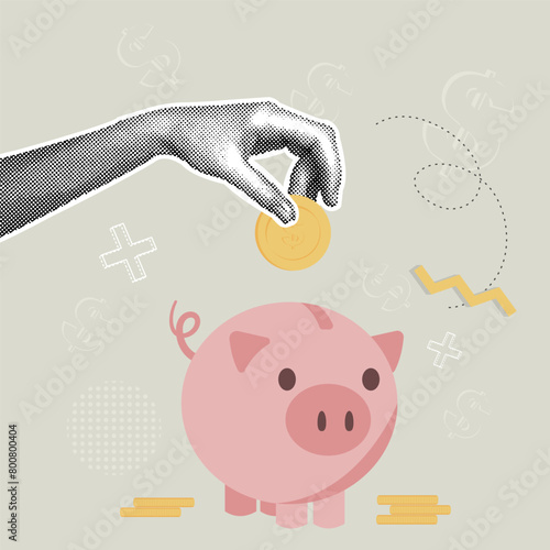 Trendy halftone business concept collage. Vector illustration of financial profit, business improvement and growth,savings,finance,banks,sale. Template for web banner, social media banner