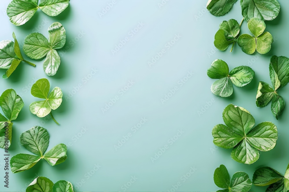 Green background  frame  many clover shamrocks. St. Patrick's Day concept. Green background by a St. Patrick's Day. German New Year banner. Flat lay, free place for text.