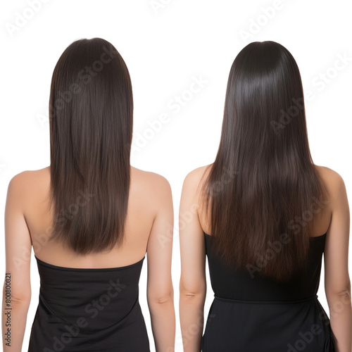 Back view of two women with long straight hair style, hair styling. Isolated on transparent background
