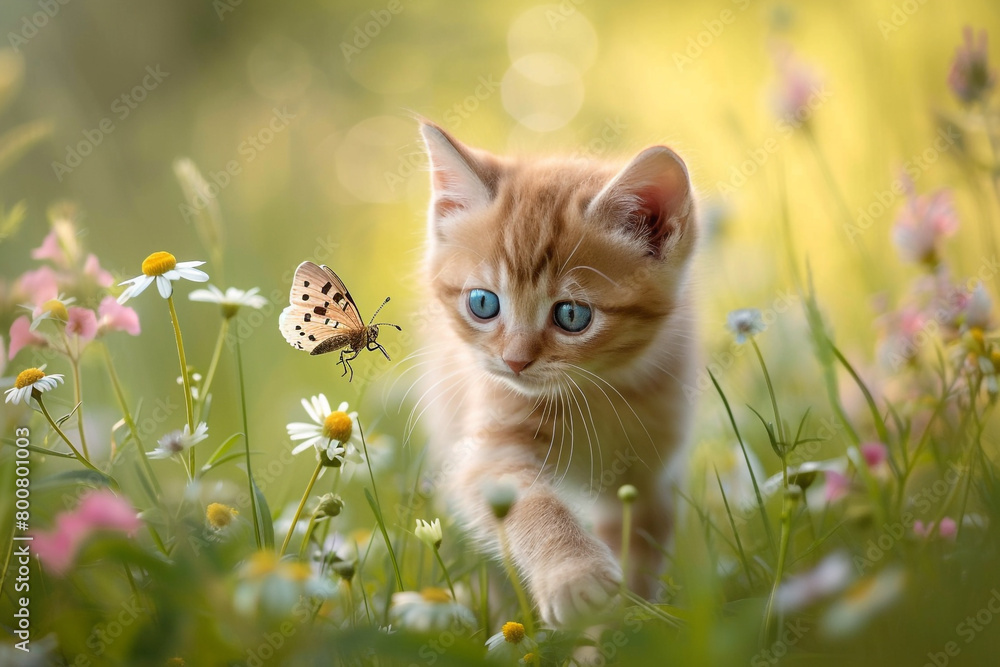A playful kitten with big blue eyes chasing after a fluttering butterfly in a field of wildflowers.