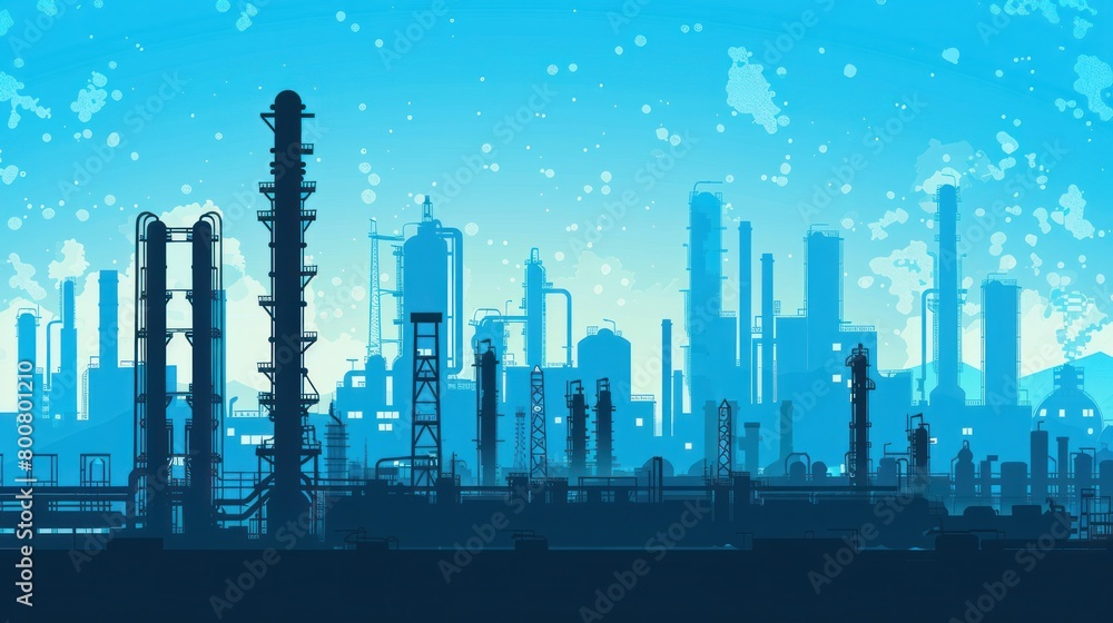 Illustrated as a silhouette, an industrial factories background features a blue oil refinery complex with pipes and gas production rigs, depicting the landscape of heavy industry.