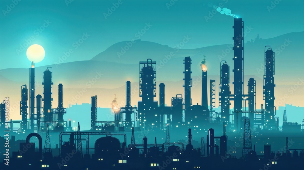 Illustrated as a silhouette, an industrial factories background features a blue oil refinery complex with pipes and gas production rigs, depicting the landscape of heavy industry.