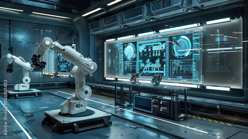 Fototapeta premium Illustrated in 3D rendering, a futuristic factory or workshop features assembly robot arms alongside a virtual interface, symbolizing the integration of industry technology.