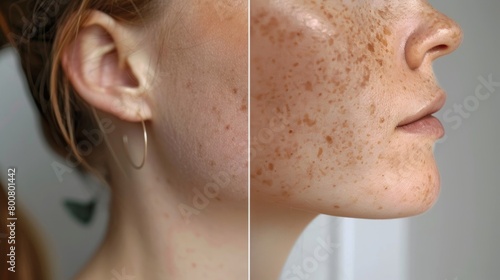 A closeup of a before and after shot of a womans neck revealing a visible decrease in age spots and heightened firmness.. photo