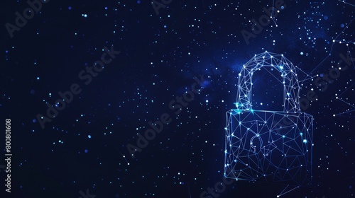 Illustrated on a dark blue night sky background, a polygonal wireframe mesh resembling a constellation symbolizes security, privacy, and safe concepts.