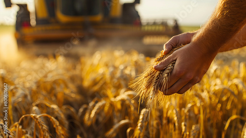 hands holding some bunches of wheat and behind a beautiful wheat field with a harvesting machine, text space