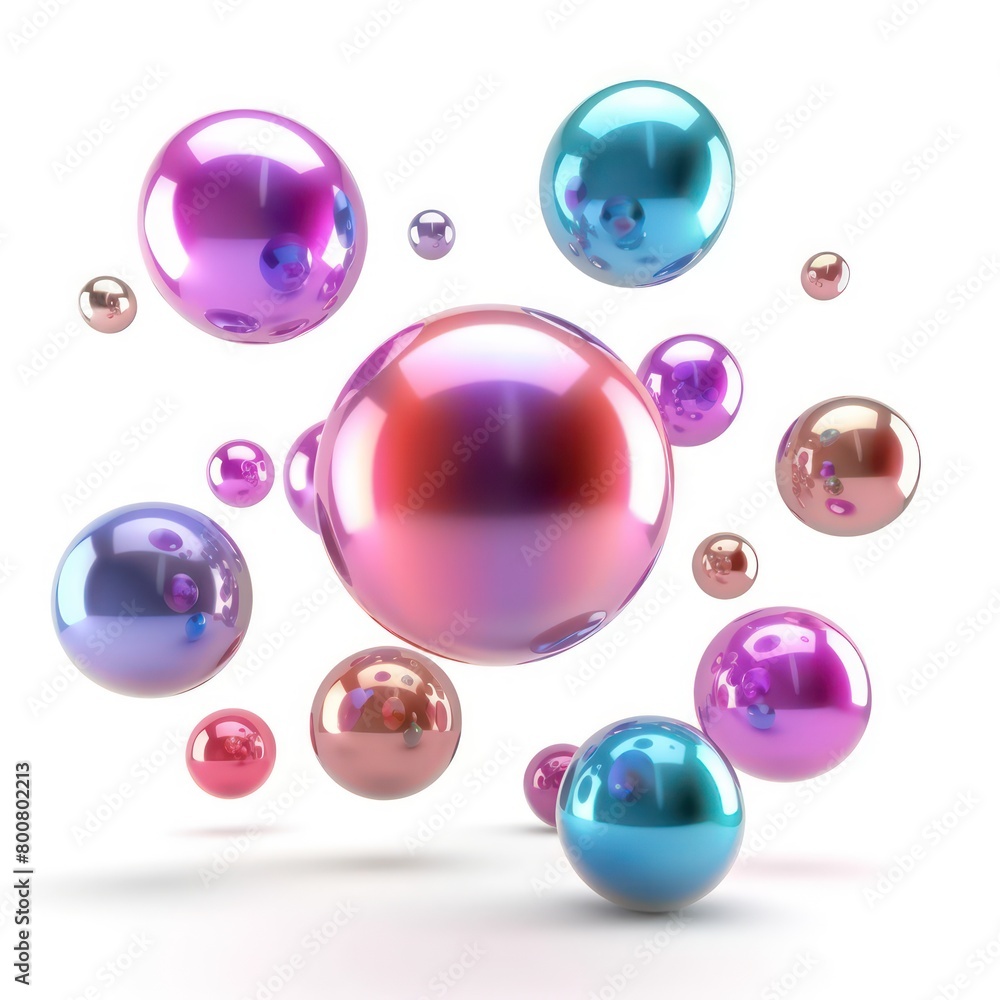 smooth rubber spheres, shiny object bright bouncing on white background