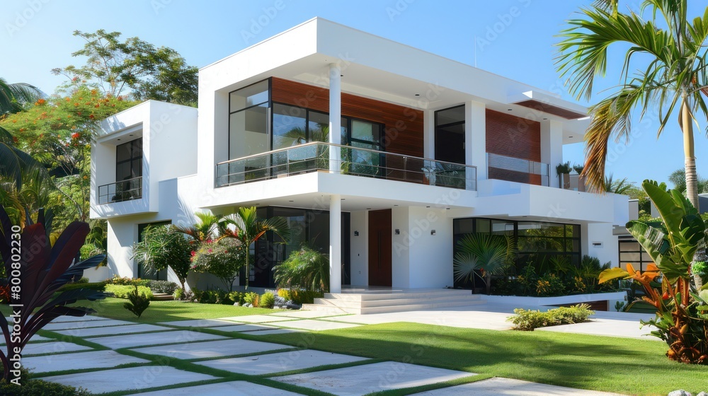 Modern 2-storey white minimalist style house. Property real estate business background.