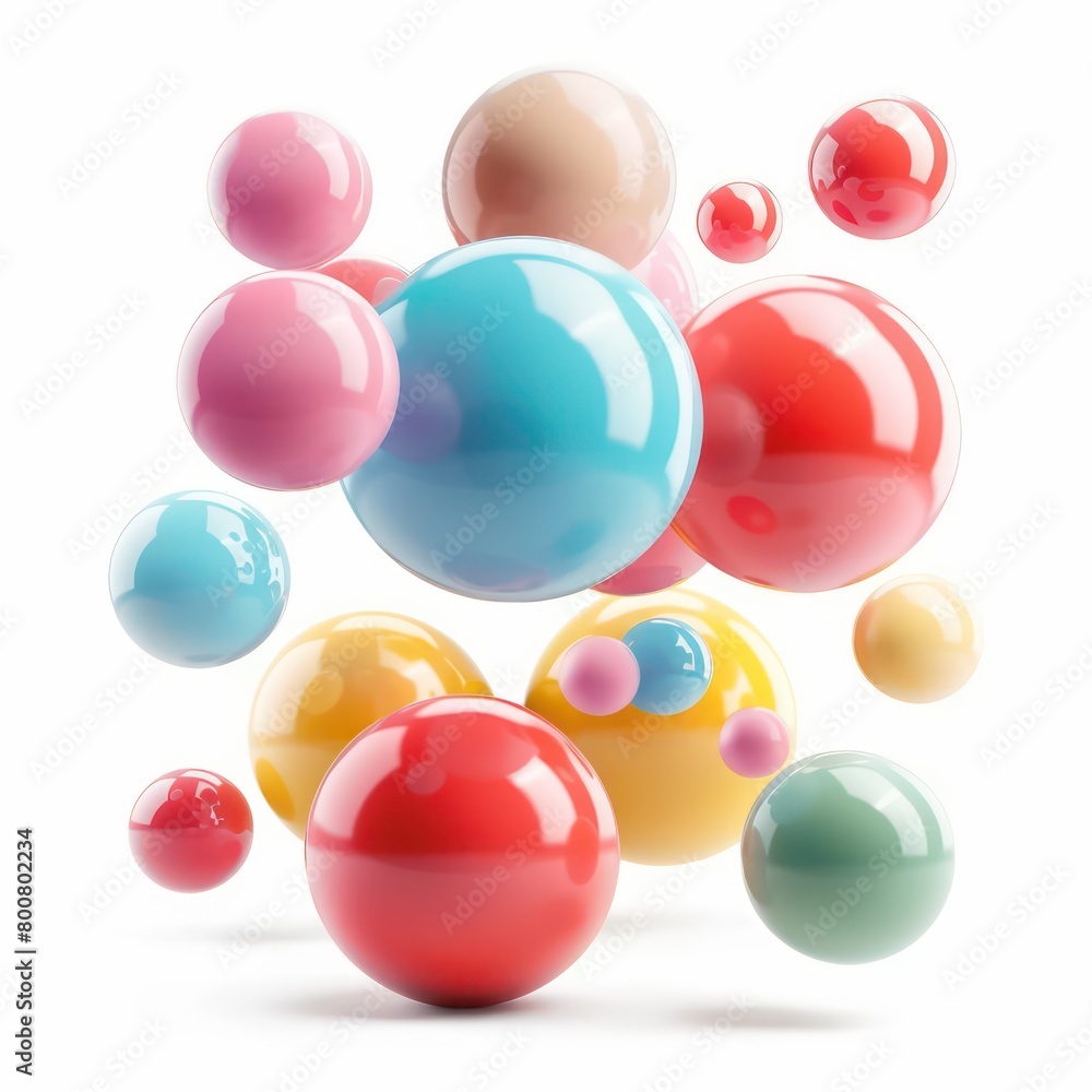 smooth rubber spheres, shiny object bright bouncing on white background