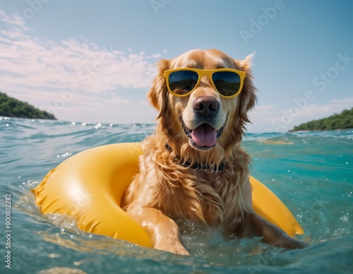 dog wearing sunglasses and floating on a yellow inner tube in the ocean.