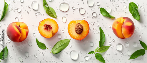 fresh peach  white background with water drops  crystal clear  fresh cut 