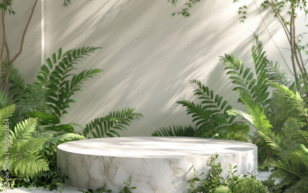 Circular podium white marble texture, Delicate Ferns Around Base, Soft Focus Background, Serene Botanical Garden Setting Featuring.
Circular podium white marble texture, Delicate Ferns Around Base, Soft Focus Background, Serene Botanical Garden Setting Featuring.