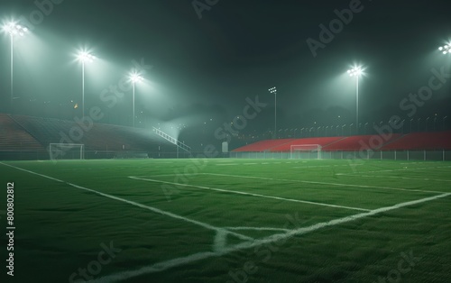 football stadium at night with beamlights on a huge green field © beatriz