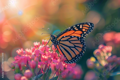 A majestic monarch butterfly delicately sipping nectar from a vibrant pink blossom, its wings shimmering in the sunlight 4k.
