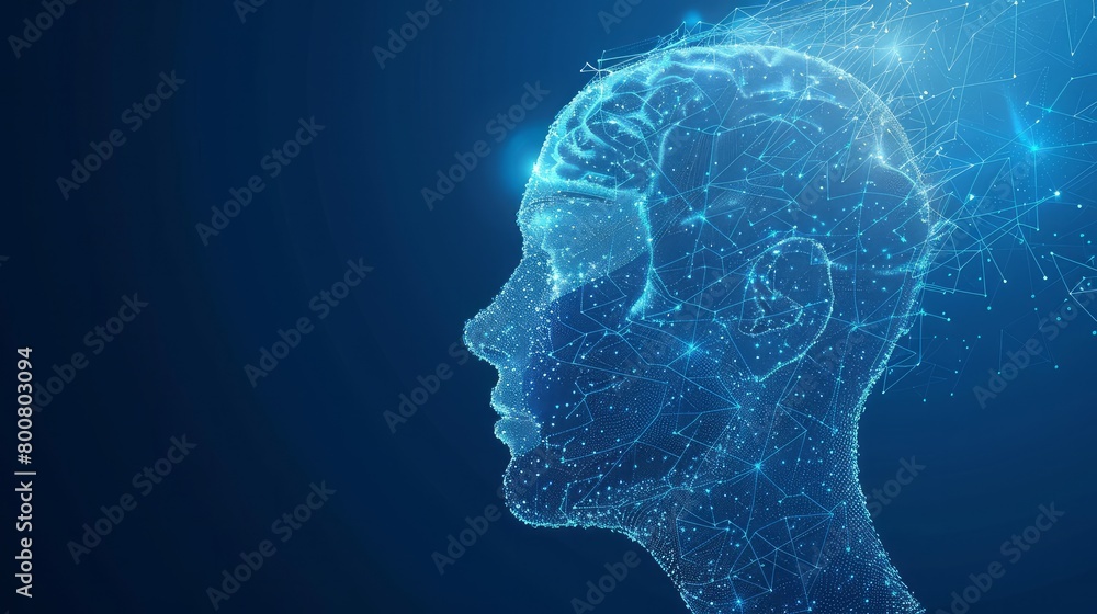 In a vector 3D illustration against a blue background, artificial intelligence is depicted within a humanoid head, featuring a digital brain and representing big data analysis and cyber technology.