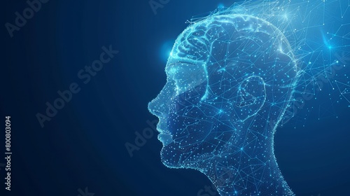 In a vector 3D illustration against a blue background, artificial intelligence is depicted within a humanoid head, featuring a digital brain and representing big data analysis and cyber technology.