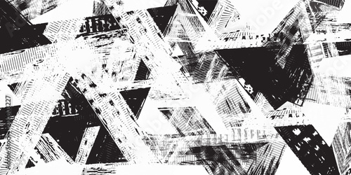 Abstract urban seamless pattern. Grunge texture background. Scuffed drop sprays, triangles, dots, black and white spray paint, splash. Urban modern wallpaper