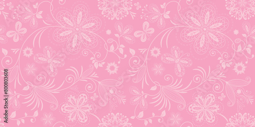 Vector hand drawn seamless bi-color gentle pink spring pattern with flowers and butterflies