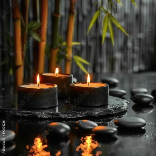 candles and black stones on a black table  dark background