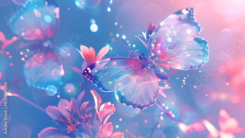 illustration of a butterfly with a translucent on magical backdrop of glowing particles and dreamy, blue-pink lighting 