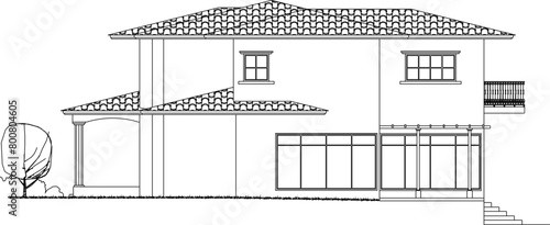 vector illustration, sketch design, architectural drawing, view of a stopover villa house