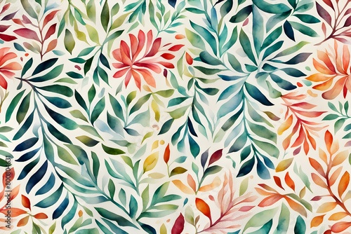 A painting of leaves and flowers with a bright and colorful palette