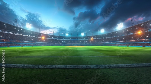 Night falls over a cricket stadium, showcased in a 3D illustration. photo