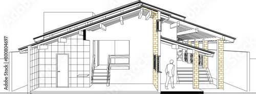 vector illustration sketch design architectural drawing of tropical resort house exposed brick in mountainous and coastal areas