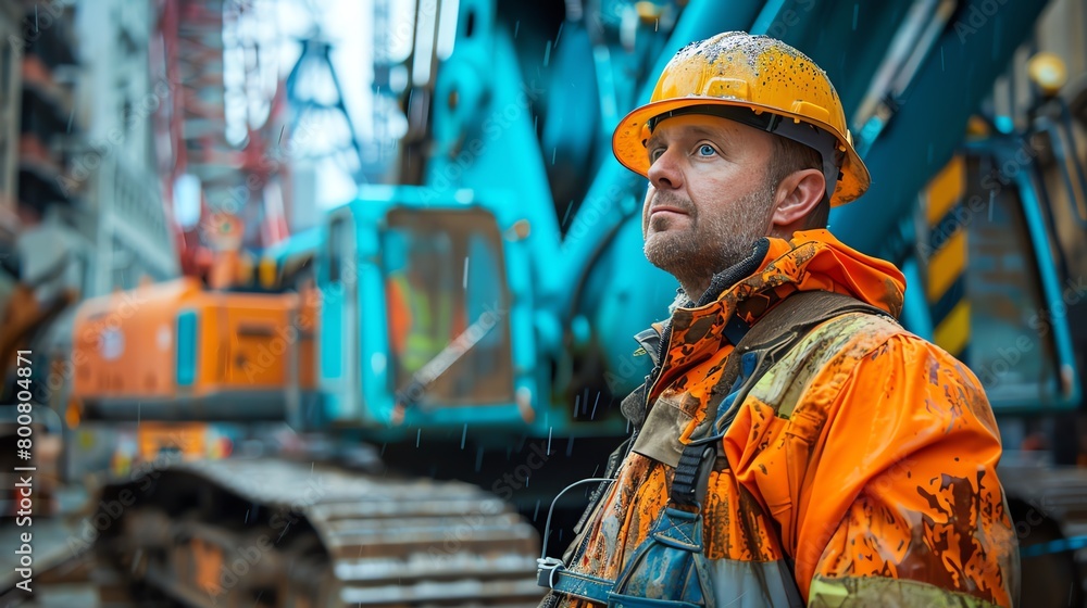 A construction worker wearing a hard hat and reflective vest looks out over a rainy construction site A construction worker wearing a hard hat and reflective vest looks out over a rainy construction site