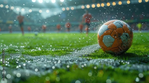 Soccer ball lying on grass. Football championship concept. Mockup with copy space