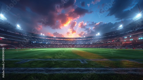 Night falls over a cricket stadium, showcased in a 3D illustration. photo