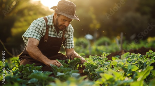 A farmer wearing a hat and overalls is checking his kale crop