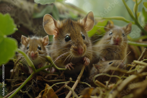A family of tiny field mice scampering through a tangle of vines, their whiskers twitching with excitement as they explore their new surroundings 4k. © Animals