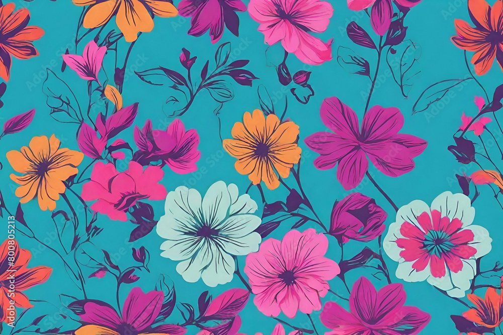 neon floral Colorful bold flowers in retro silhouette style