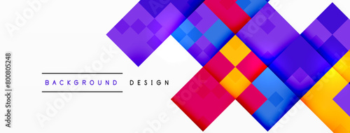 A vibrant design featuring colorful rectangles, triangles, and patterns in shades of purple, magenta, and electric blue on a white background, creating a dynamic and eyecatching composition