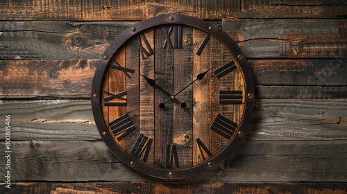 Clock face on wooden wall. Time concept. photo