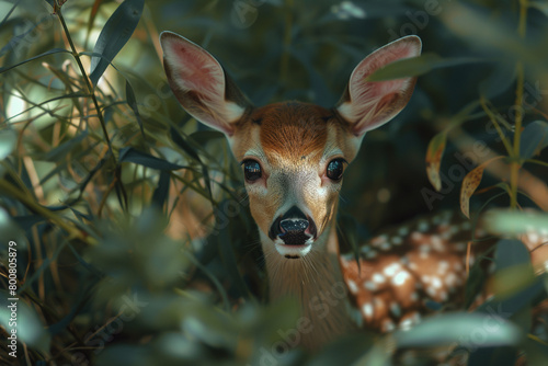 A curious baby deer peering out from behind a bush with its doe-like eyes filled with innocence.