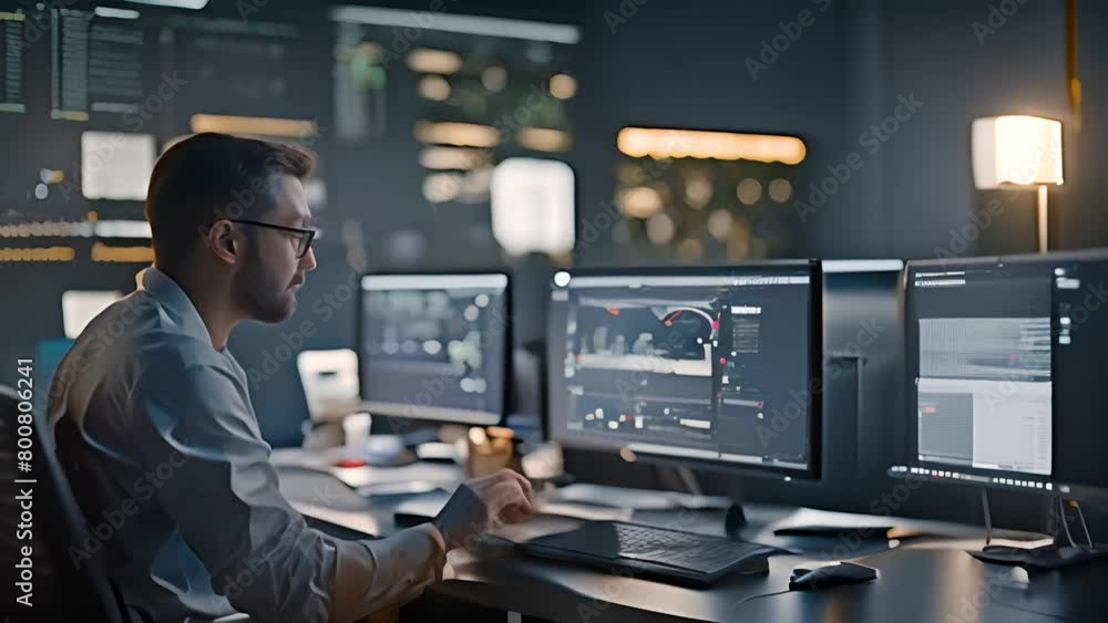 Man Sitting at Desk With Three Computer Monitors Generative AI Man Sitting at Desk With Three Computer Monitors Generative AI