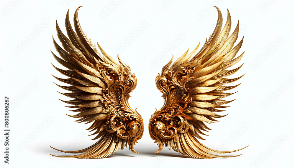 Obraz premium A pair of ornate golden wings on a white background