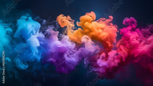 A harmonious and tranquil blend of pastel peach, sky blue, and coral forms a colorful, abstract spring background with wisps of smoke. photo