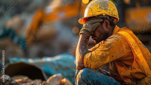 Wallpaper Mural A construction worker in reflective gear and hard hat rests his face in his hand, appearing tired or thoughtful on site. Torontodigital.ca