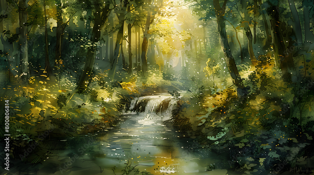 A tranquil forest scene with a gentle stream meandering through lush greenery, sunlight filtering through the canopy, dappling the forest floor with warm, golden light. A tranquil forest scene with a gentle stream meandering through lush greenery, sunlight filtering through the canopy, dappling the forest floor with warm, golden light.