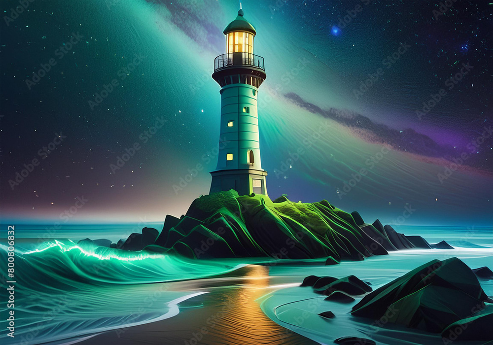 Lighthouse on a shore at night with starred dark sky