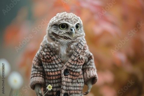 A baby owl in a preppy cardigan, bringing a touch of academia to the world of cute fashion