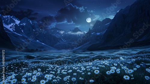 Night landscape with white flowers in the valley surrounded by mountains.	 #800807072