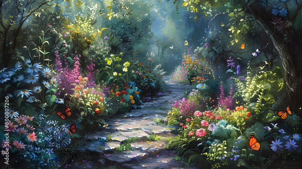 An enchanting garden with vibrant flowers and whimsical creatures, bathed in soft sunlight. Perfect for nature-themed events and fantasy illustrations.