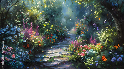 An enchanting garden with vibrant flowers and whimsical creatures  bathed in soft sunlight. Perfect for nature-themed events and fantasy illustrations.